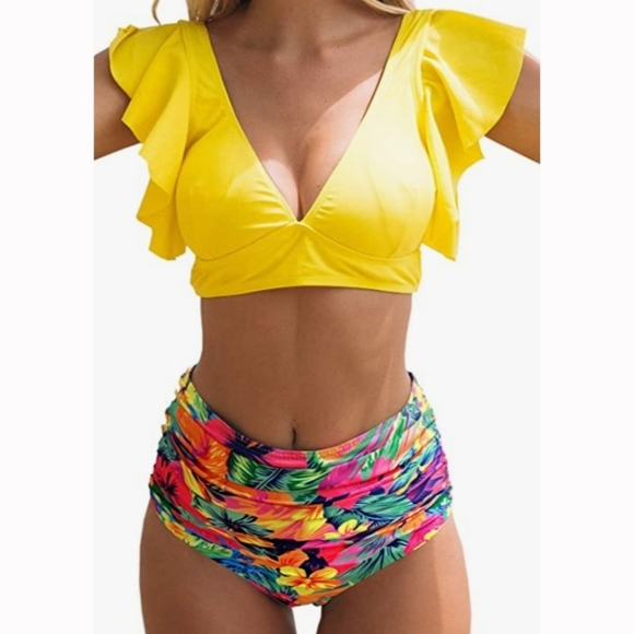 NWT Ruffle High Rise Tropical Bikini - Picture 1 of 4